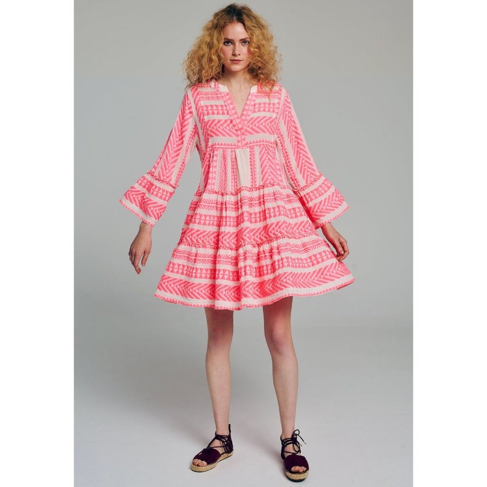 DEVOTION TWINS Anthropologie Embroidered Ella Short Dress Rose Pink White Size S